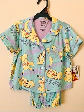 Pikachu Pokémon Kids Pajama Pants Set - Mint Glitter Buttons Sz (6/6X)